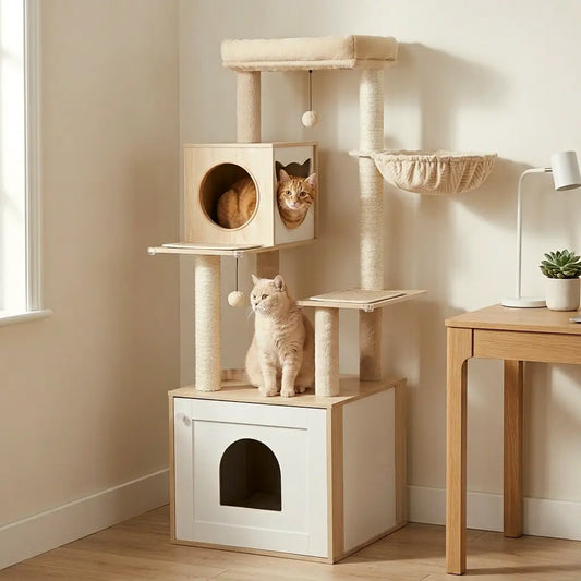 arbre à chat en bois dans un salon moderne avec plusieurs chats utilisant les plateformes