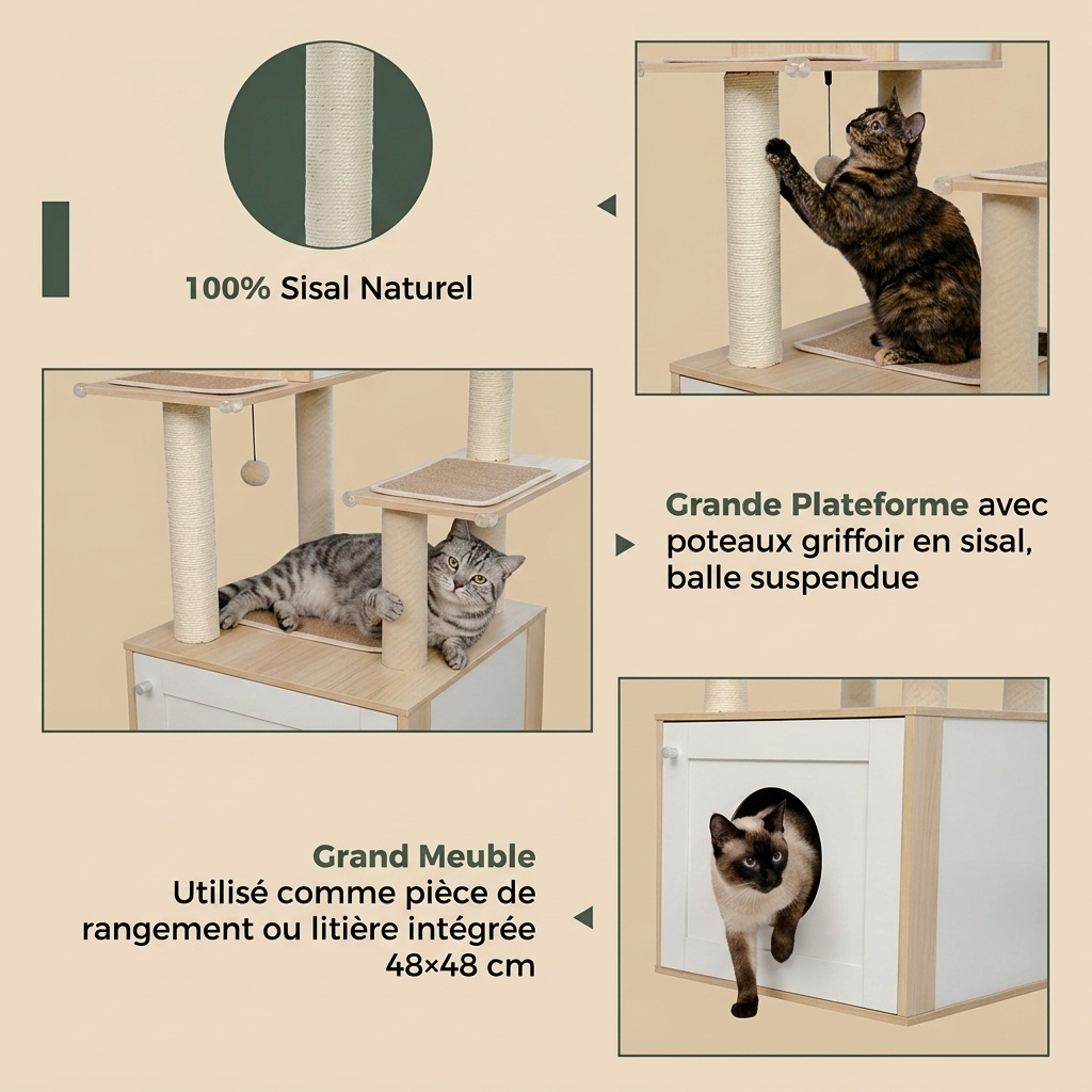 arbre à chat en bois avec plateforme de jeu poteaux en sisal et espace rangement intégré