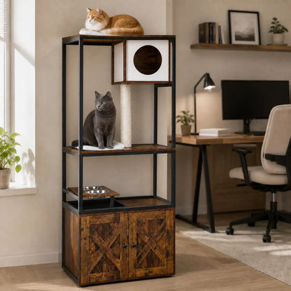 Deux chats installés sur l'arbre à chat avec cache-litière dans un salon