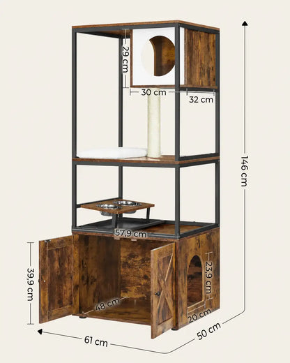 Schéma des dimensions de l'arbre à chat cache-litière : 146 x 61 x 50 cm