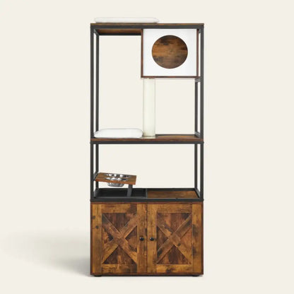 Arbre à chat avec cache-litière 4 niveaux, marron rustique, vue d'ensemble
