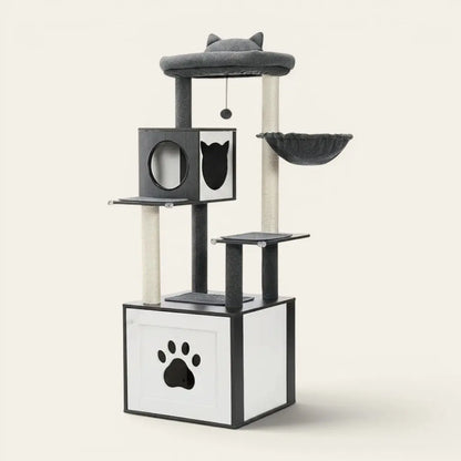 Arbre à chat en bois avec cache litière discret, couchage en hauteur, niche fermée et zones de jeu pour le confort quotidien de votre chat