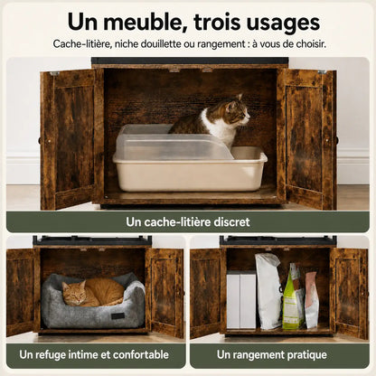 Meuble cache-litière convertible en niche ou en rangement
