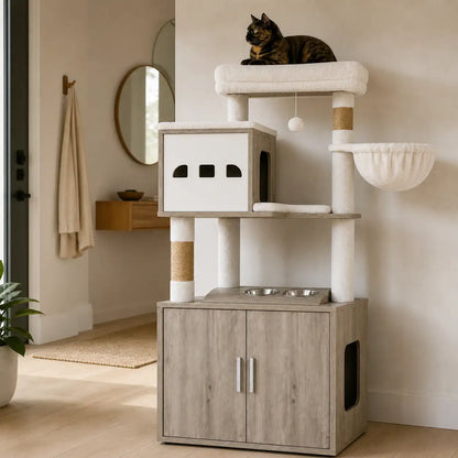 Chat installé sur la plateforme supérieure de l'arbre à chat cache-litière XXL