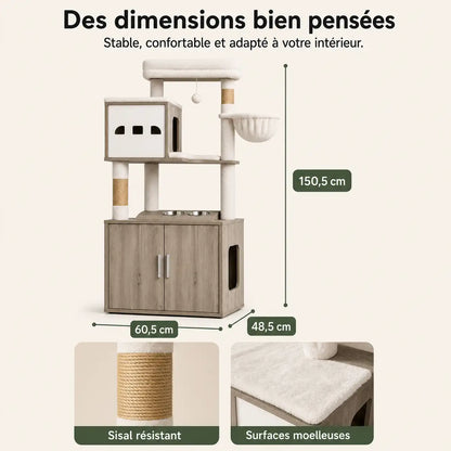 Dimensions de l'arbre à chat cache-litière XXL : 150,5 x 60,5 x 48,5 cm, sisal résistant et surfaces moelleuses