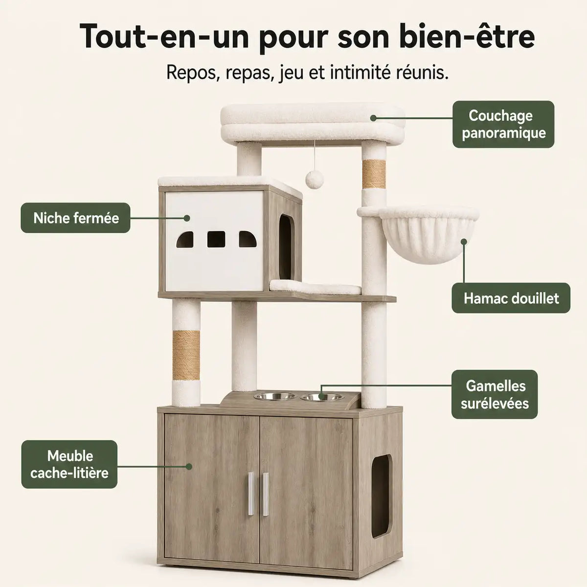 Couchage panoramique, niche fermée, hamac et gamelles surélevées réunis sur un seul meuble