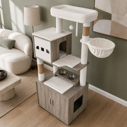 Arbre à chat avec cache-litière XXL intégré dans un salon