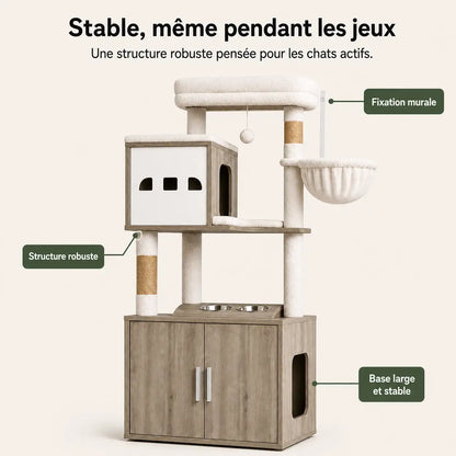 Structure robuste avec fixation murale et base large, pensée pour les chats actifs