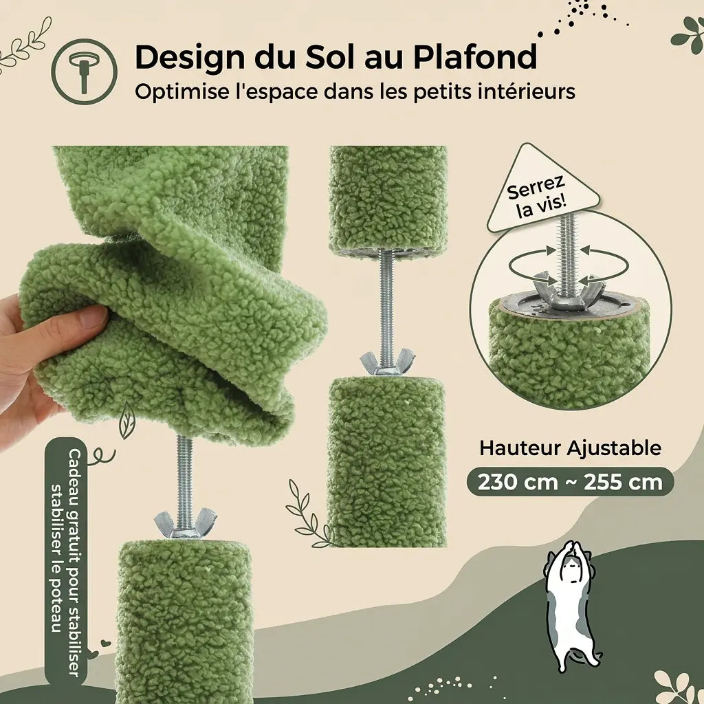 arbre à chat cactus réglable du sol au plafond avec système de fixation stable