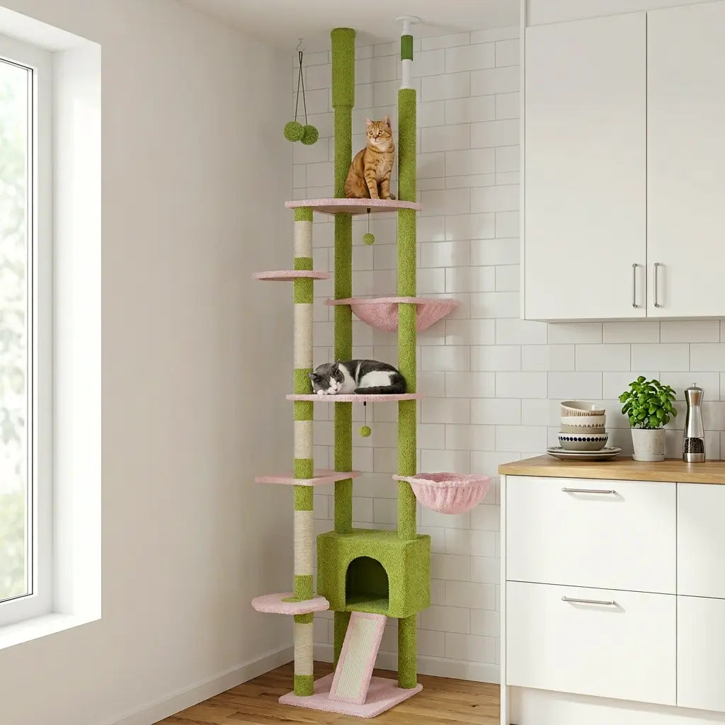 arbre à chat cactus dans une cuisine moderne avec chats en train de jouer et se reposer