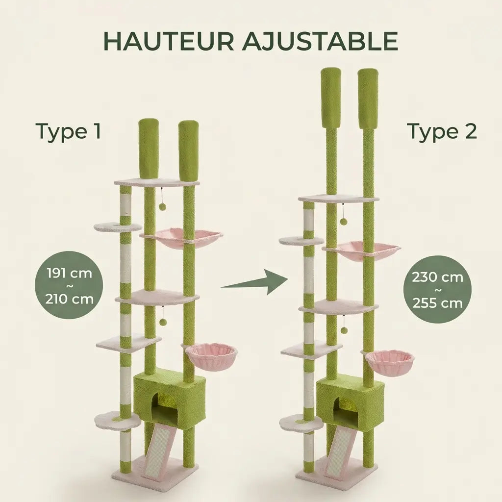 Arbre à chat cactus rose et vert à hauteur ajustable avec plateformes d'escalade, niche intégrée, hamac suspendu et couchages panoramiques