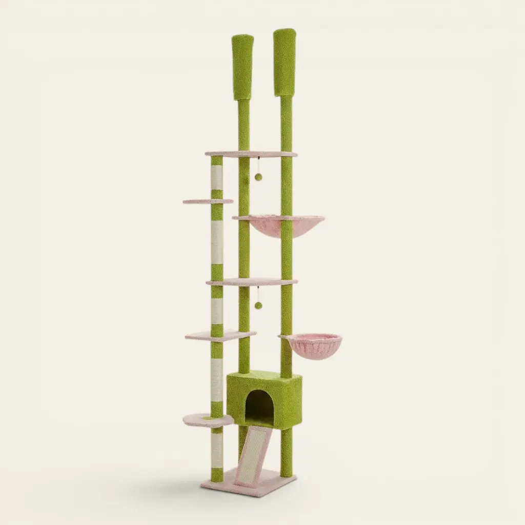 Arbre à chat cactus rose et vert avec plateformes de grimpe, niche confortable, hamac suspendu et paniers de repos