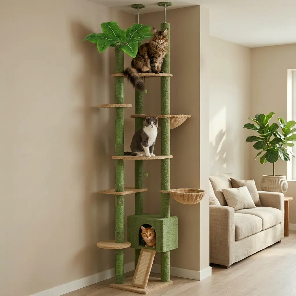 arbre à chat cactus dans un salon moderne avec chat en hauteur sur plateforme