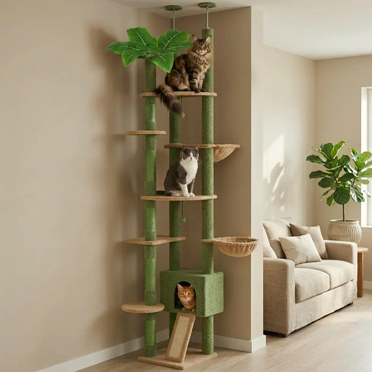arbre à chat cactus dans un salon moderne avec chat en hauteur sur plateforme