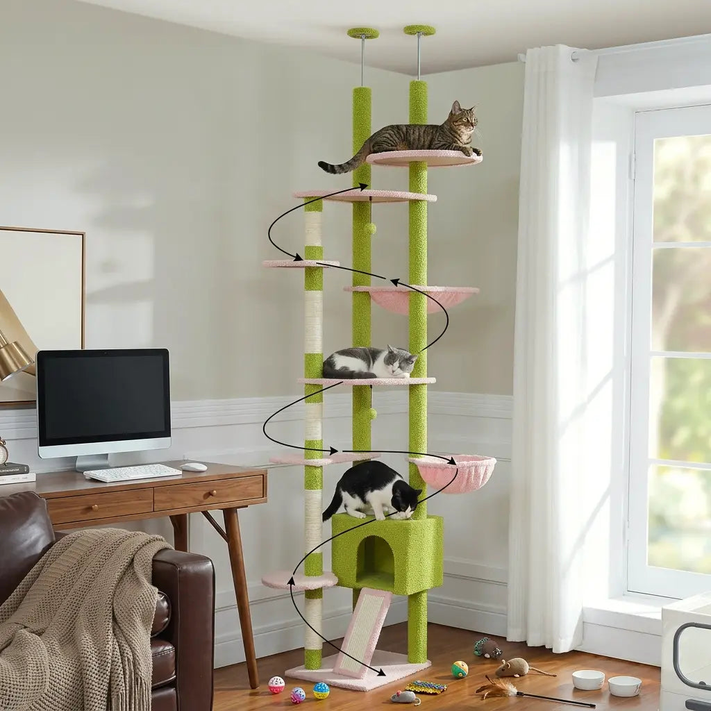 arbre à chat cactus avec plusieurs chats utilisant les différents niveaux et plateformes