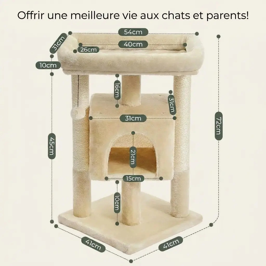 Arbre à chat pour chaton beige de 72 cm avec niche suspendue, plateforme de repos rembourrée et poteaux griffoirs en sisal