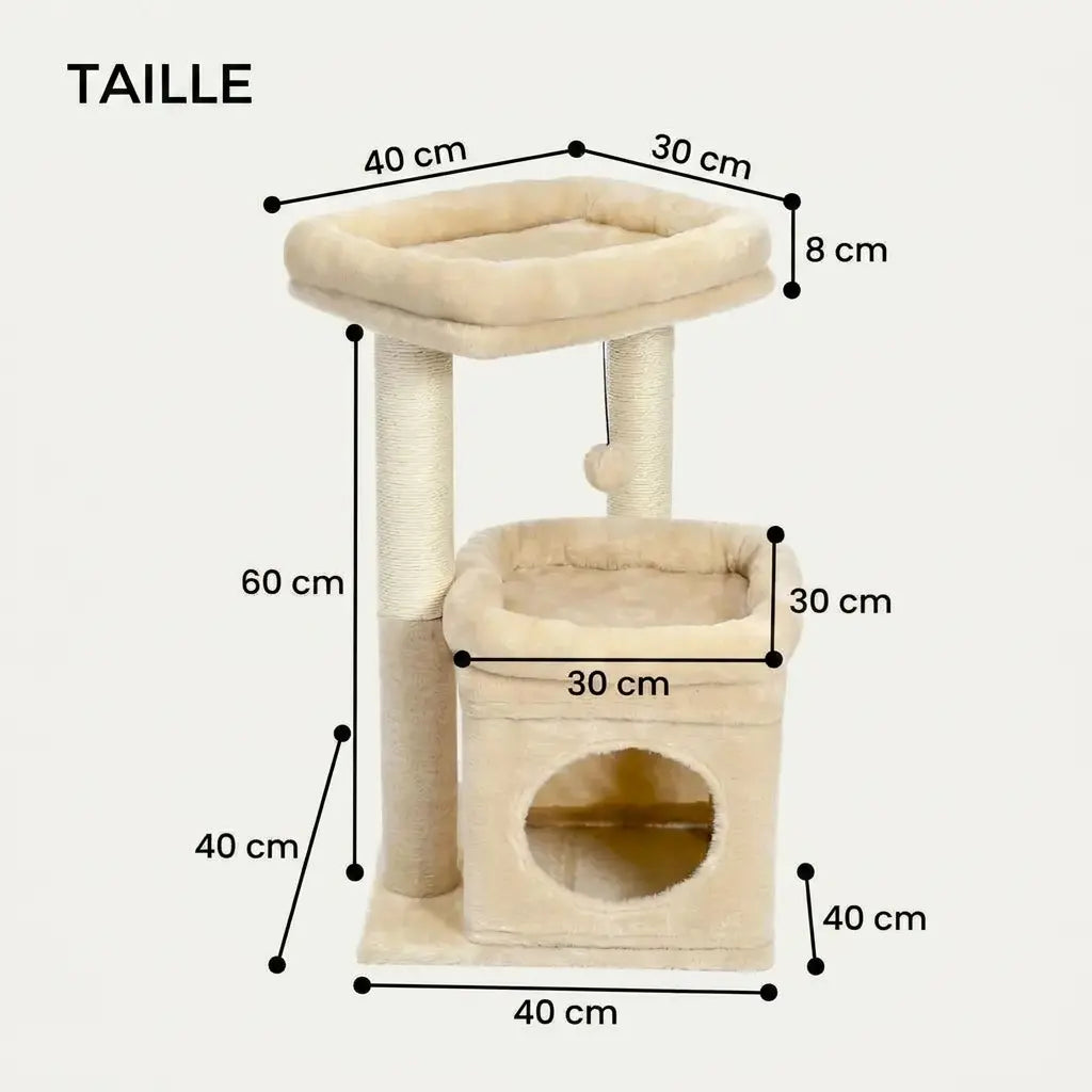 Arbre à chat compact pour chaton beige avec niche fermée, couchage supérieur et poteaux à griffer