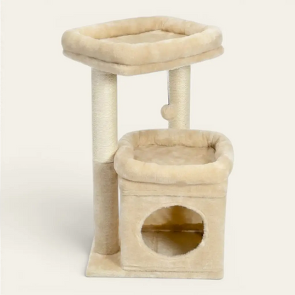 Arbre à chat pour chaton compact beige avec espace de repos en hauteur, niche et griffoirs en sisal