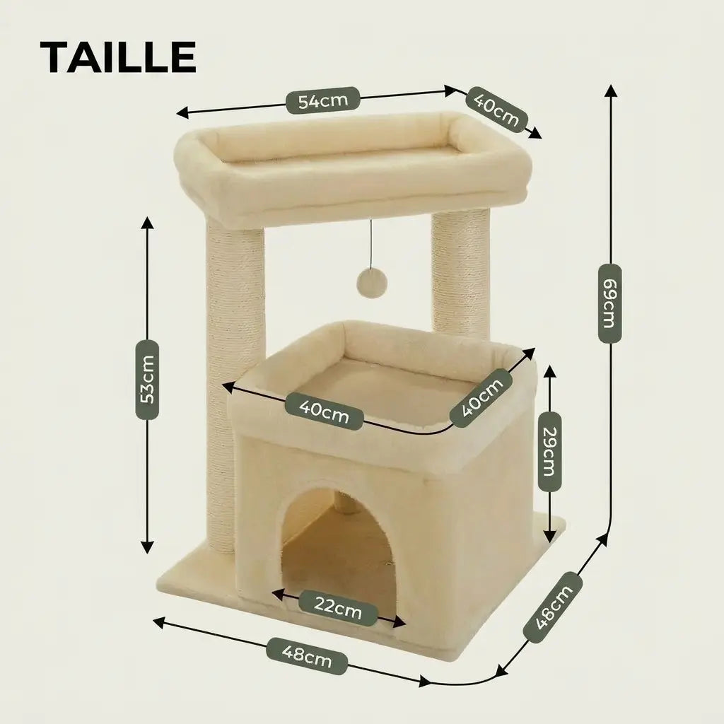 Arbre à chat pour chaton beige avec double espace de repos, niche douillette et plateforme d’observation