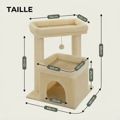 Arbre à chat pour chaton beige avec double espace de repos, niche douillette et plateforme d’observation