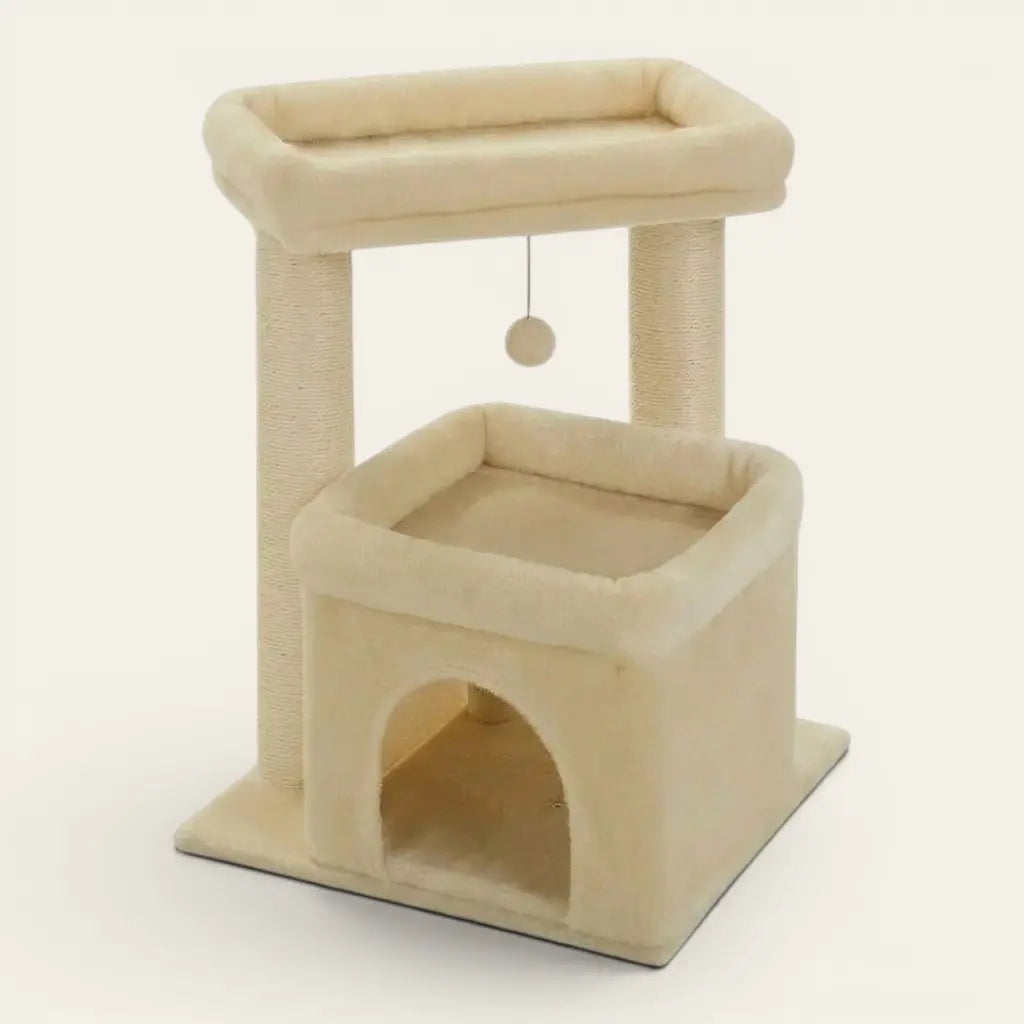 Arbre à chat pour chaton beige avec double couchage moelleux, niche sécurisée et balle suspendue