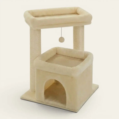 Arbre à chat pour chaton beige avec double couchage moelleux, niche sécurisée et balle suspendue