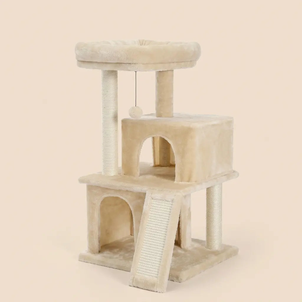 arbre à chat chaton beige avec niche double rampe griffoir et perchoir moelleux