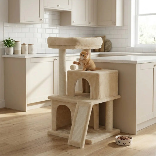 arbre à chat chaton blanc dans une cuisine avec niche double rampe en sisal et perchoir moelleux