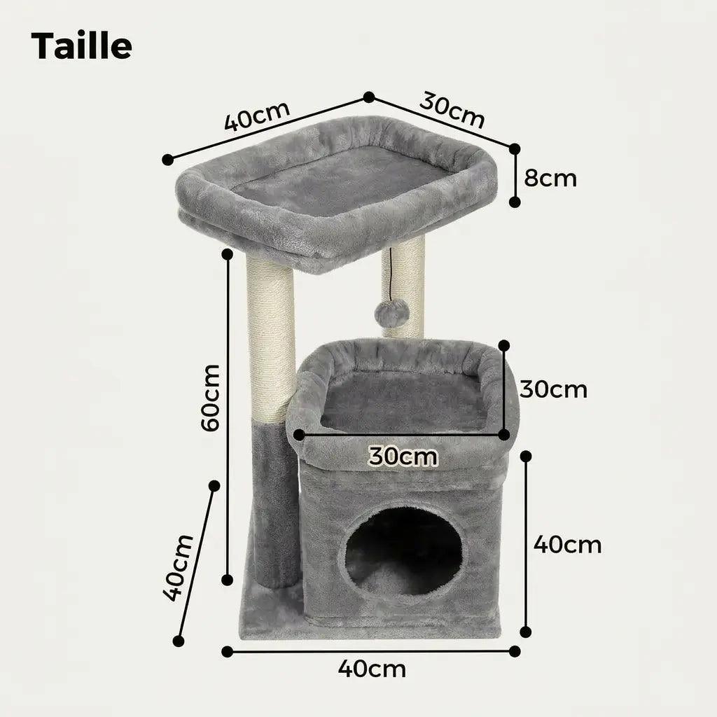 Arbre à chat compact pour chaton gris avec niche confortable, couchage supérieur et jouet suspendu