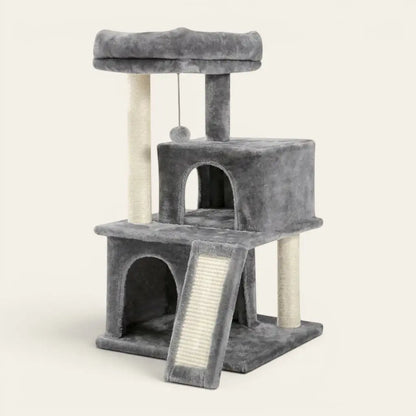 Arbre à chat pour chaton gris avec deux niches, rampe d'accès, plateforme moelleuse et poteaux griffoirs en sisal