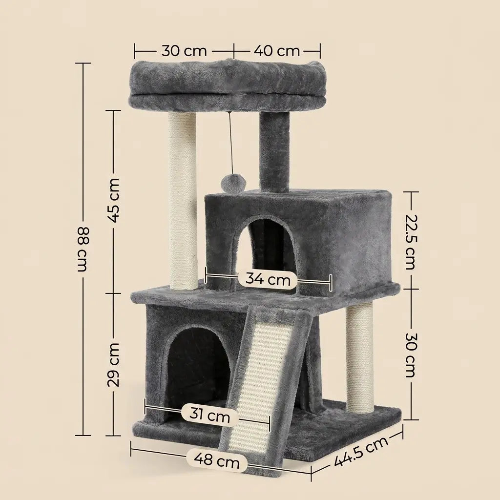 arbre à chat chaton gris avec dimensions détaillées niche double rampe et couchage supérieur