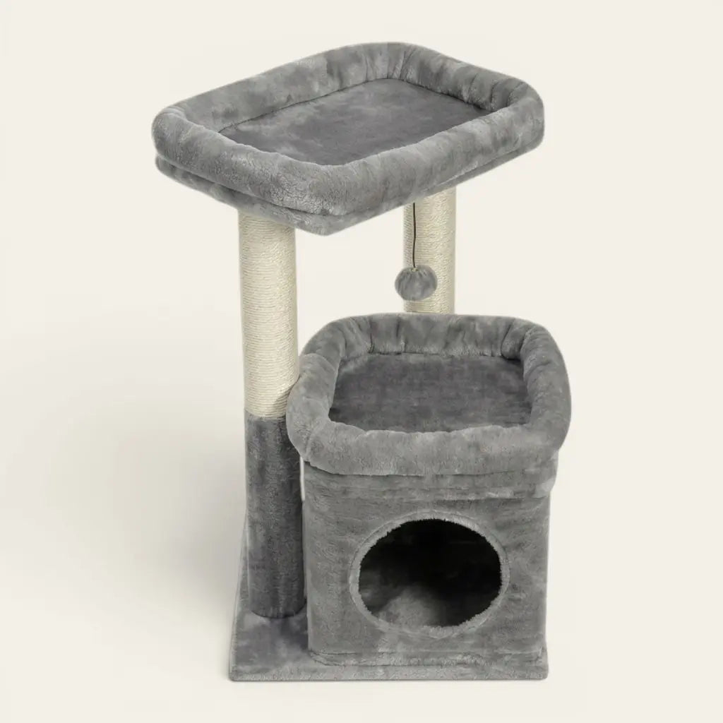 Arbre à chat pour chaton gris avec double espace de repos, niche douillette et jouet suspendu