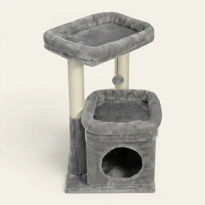 Arbre à chat pour chaton gris avec double espace de repos, niche douillette et jouet suspendu