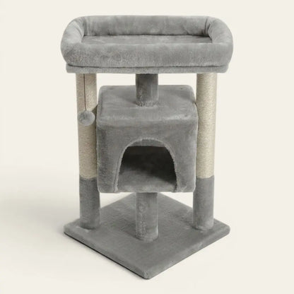 Arbre à chat pour chaton gris avec niche surélevée, plateforme de repos et poteaux griffoirs en sisal