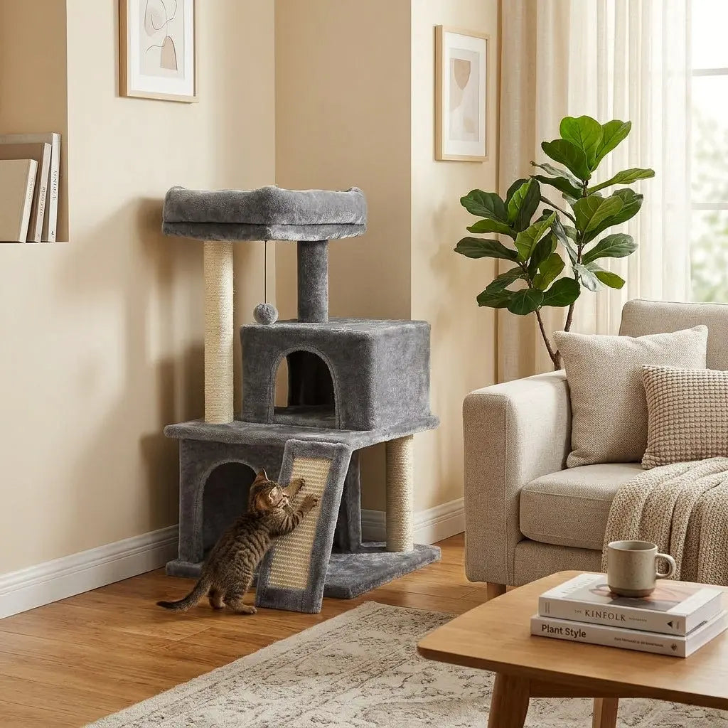 arbre à chat chaton gris installé dans un salon avec niche double rampe griffoir et couchage supérieur