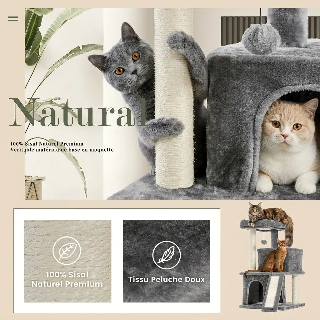 arbre à chat chaton avec sisal naturel premium tissu peluche doux et niche double