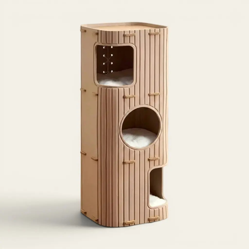 Arbre à chat contemporain avec plusieurs niveaux de repos, niches confortables et design épuré parfaitement adapté aux intérieurs modernes