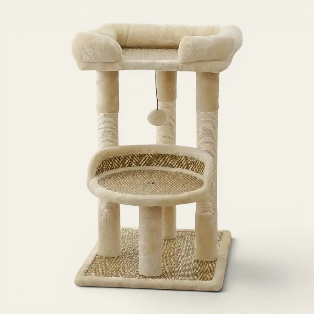 Arbre à chat de luxe beige avec plateformes de repos moelleuses, poteaux griffoirs en sisal et lit panoramique surélevé