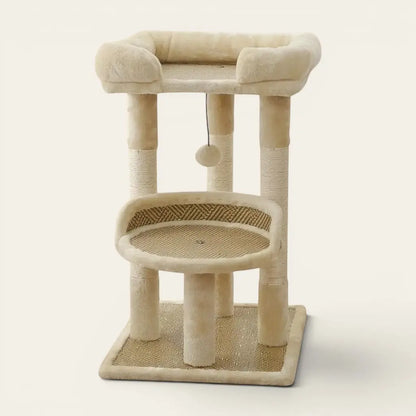 Arbre à chat de luxe beige avec plateformes de repos moelleuses, poteaux griffoirs en sisal et lit panoramique surélevé