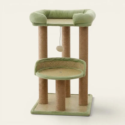 Arbre à chat de luxe vert avec plateformes rembourrées, griffoirs en sisal naturel et couchage surélevé confortable