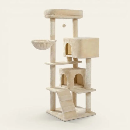 Arbre à chat de qualité beige avec hamac de repos, niches spacieuses et couchage surélevé pour chat