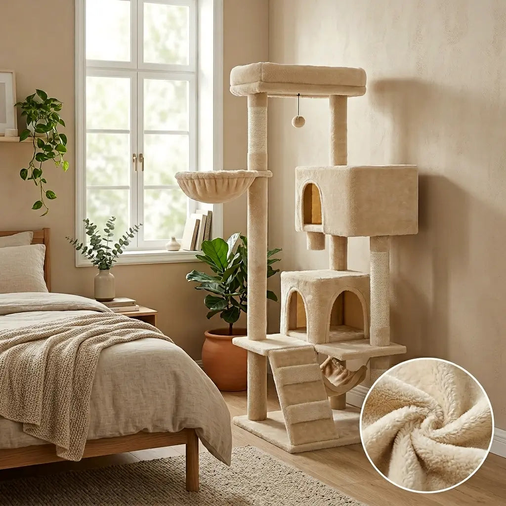 arbre à chat de qualité beige installé dans une chambre avec niches hamac et plateformes confortables