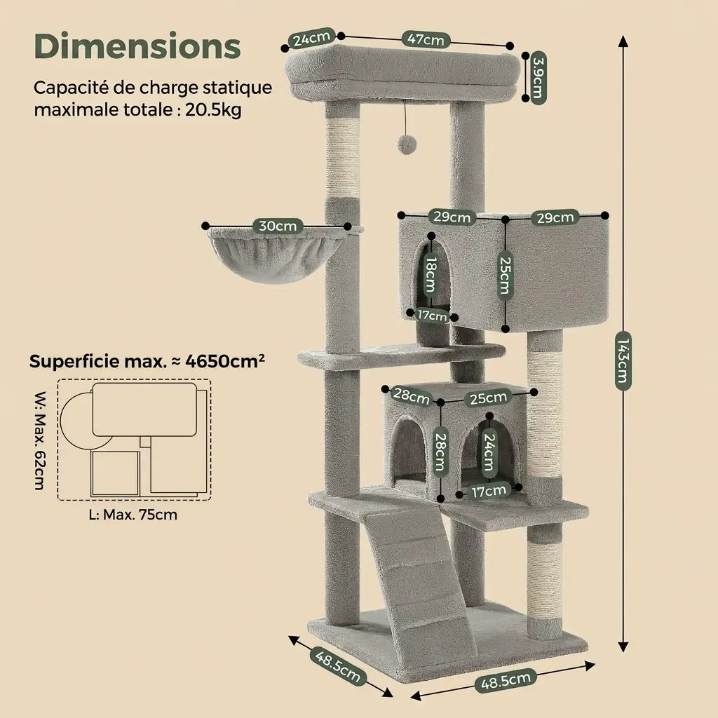 arbre à chat de qualité avec dimensions détaillées structure stable et compacte pour intérieur