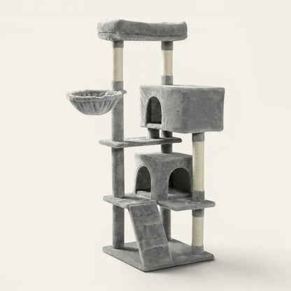 Arbre à chat de qualité gris avec hamac suspendu, niches confortables et plateforme d’observation en hauteur