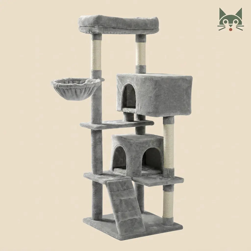 arbre à chat de qualité gris multiniveaux avec niches et hamac pour chats