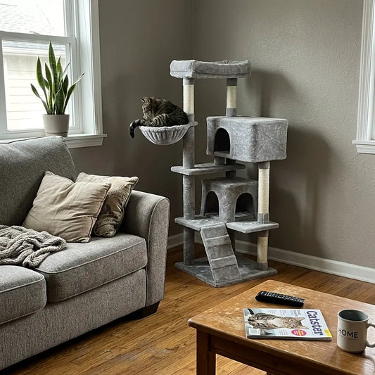 arbre à chat de qualité gris dans un salon moderne avec niches hamac et plateformes
