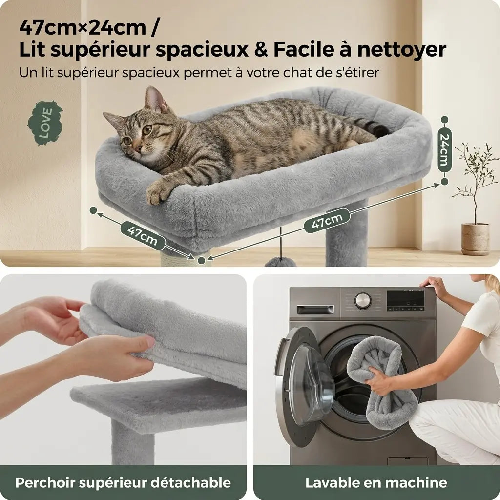 arbre à chat de qualité avec panier supérieur lavable et détachable confortable pour chat