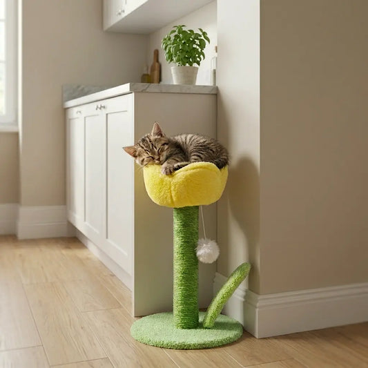 arbre à chat design confortable avec plateforme douce où un chat dort paisiblement