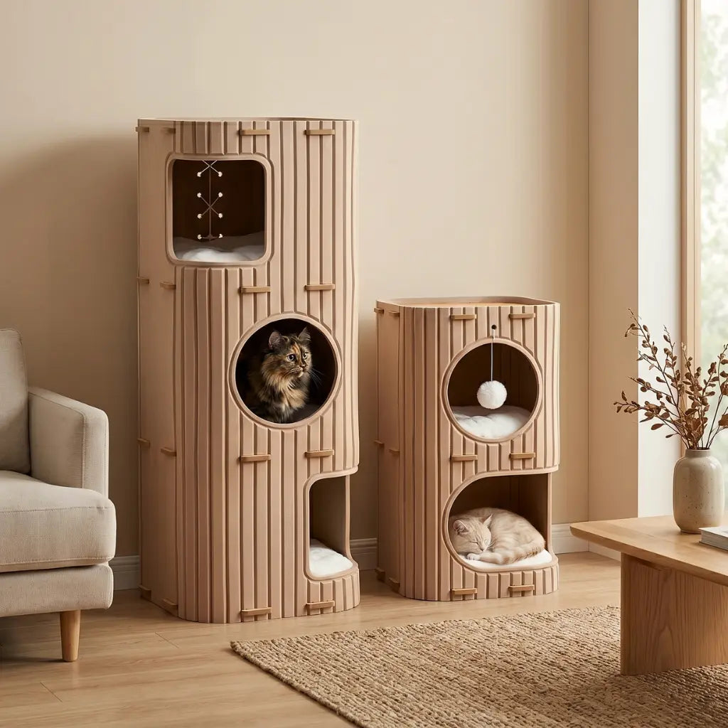 arbre à chat ultra design extérieur en bois avec double colonne et espaces de repos pour chats