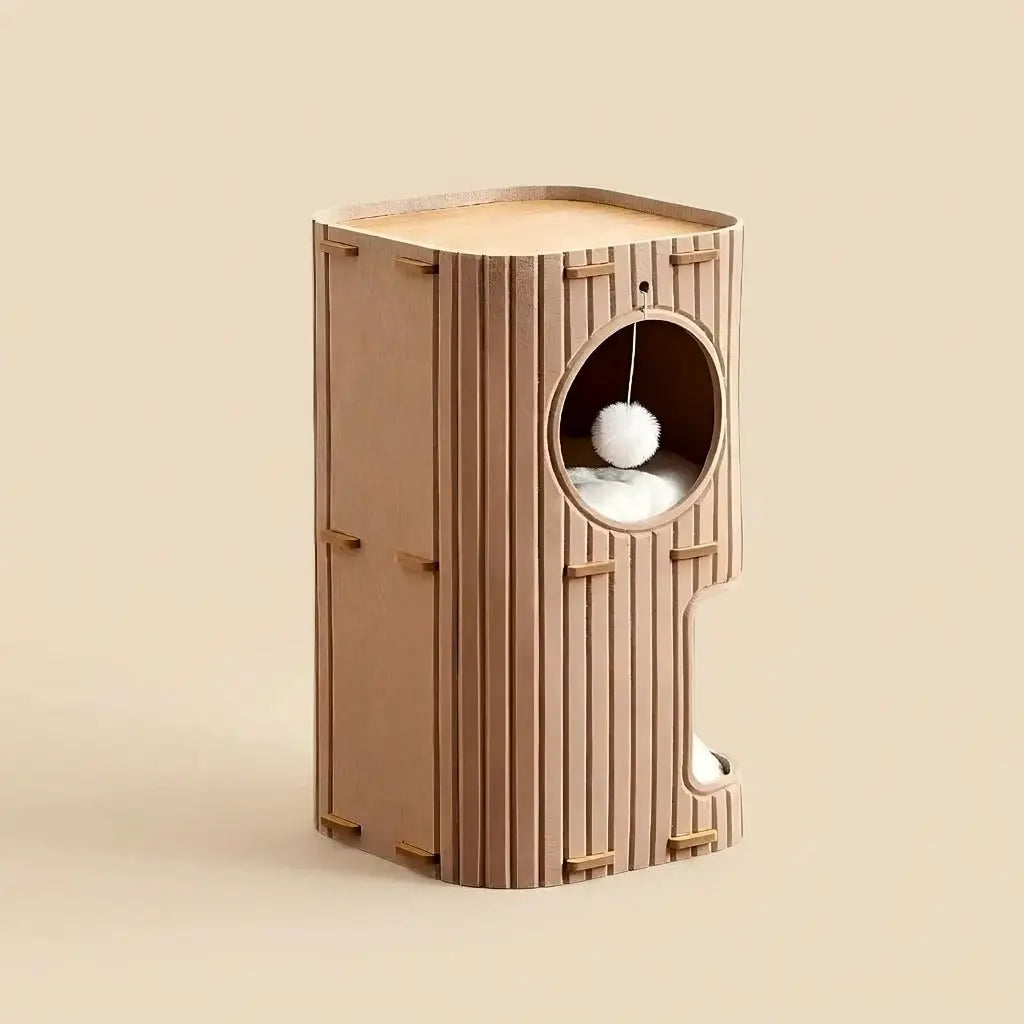 arbre à chat ultra design extérieur en bois naturel avec niche moderne et ouverture ronde
